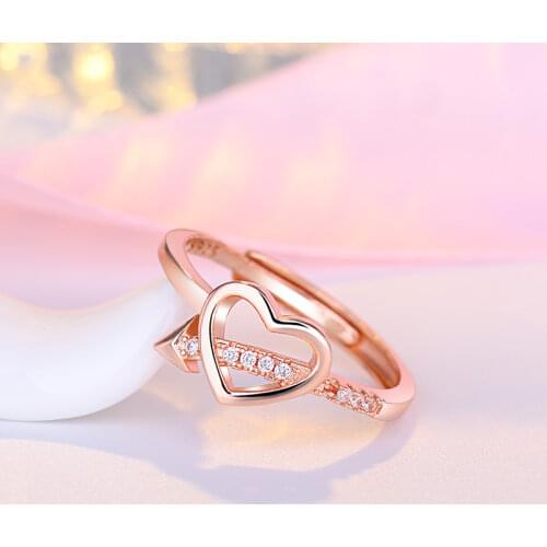 Womens Fashion Cute Arrow Piercing Heart Finger Rings Shiny Crystal Rose Gold Opening Design Fresh Ring Charming Ring Jewelry
