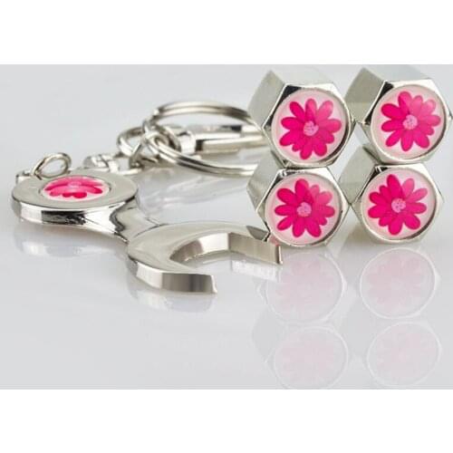 Flowers Pattern Bicycle Motorcycle Car Tire Wheel Valve Caps with Wrench Shape Car Key chain Universal Car Accessories for Lexus