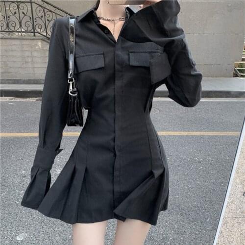 Korean Fashion Elegant One-piece Dress Women Black Y2k Casual Party Mini Dresses Long Sleeve High Street Shirt Dress Autumn 2021