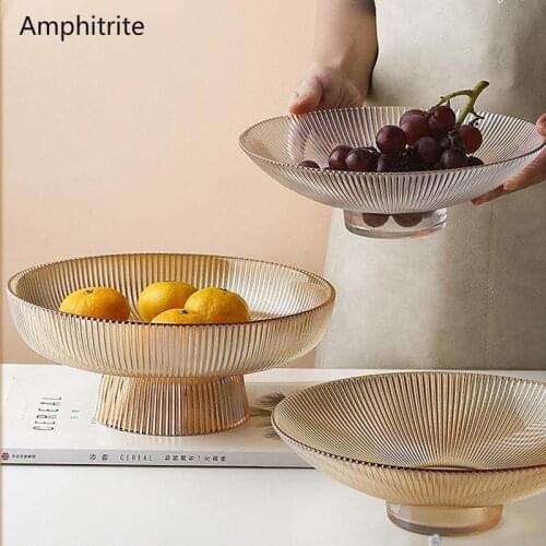 Creative Transparent Glass Fruit Tray Living Room At Home Table Coffee Snacks Fruit Round Crystal Glass Striped Dinner Plates