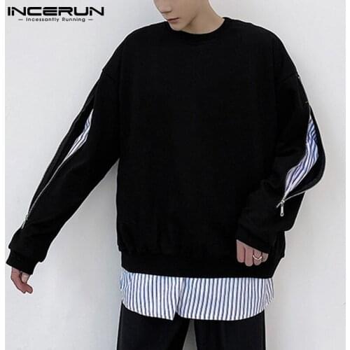 Men Hoodies Striped Patchwork 2021 Streetwear Fake Two Pieces Long Sleeve Sweatshirts Zipper Loose Casual Pullover INCERUN S-5XL