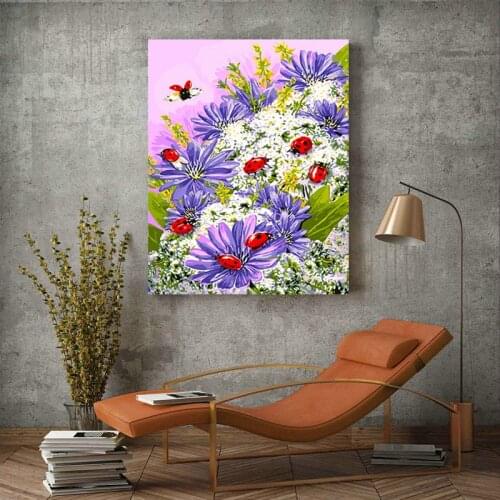 DIY painting picture by the number seven ladybug and flower plant painting realistic living room dormitory decorative painting