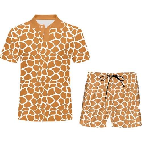IFPD 2021 Mens 2 Pcs Set Casual Animal Cosplay 3D Printing Giraffe Stripes Print Harajuku Large Size polo Shirts And Shorts