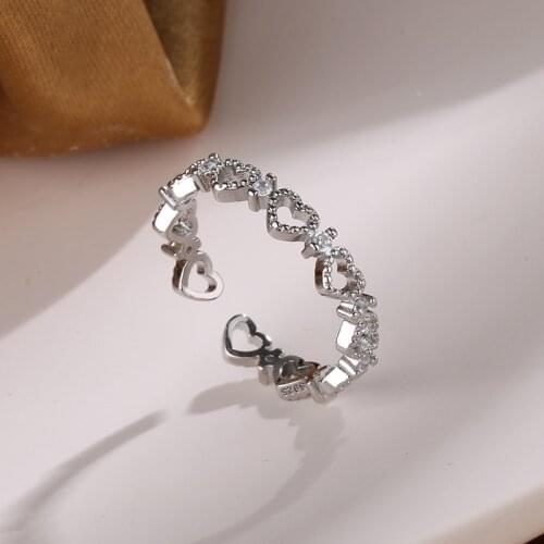 A Girl' Hollow Love Heart-shaped Opening Rings Exquisite CZ Zircon Finger Ring Fashion Jewelry For Women Girls Gift