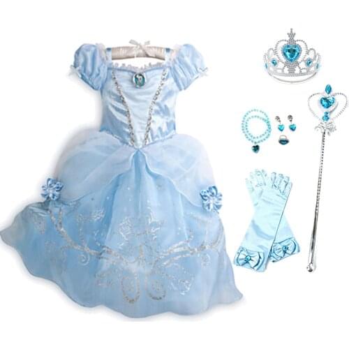 Little Girl Dress Blue Flower Costume Cosplay Cinderella Sandy Kids Princess Clothing Children Birthday Party Frocks Clothes Wig