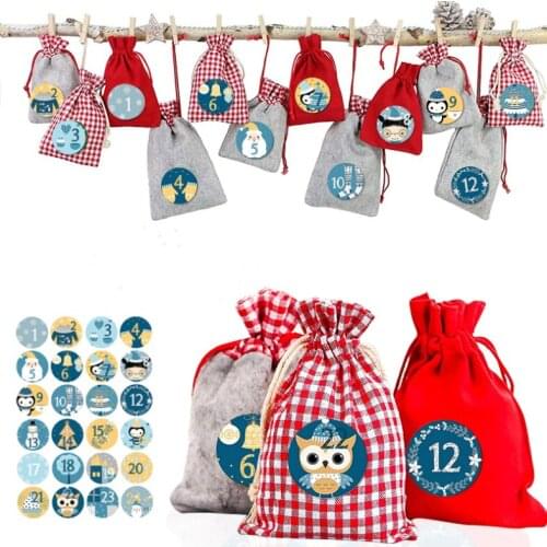 Christmas Set Cotton Bag 1-24 Christmas Calendar Countdown Hanging Bag Packaging Candy Bag Set Favor Party Supplies