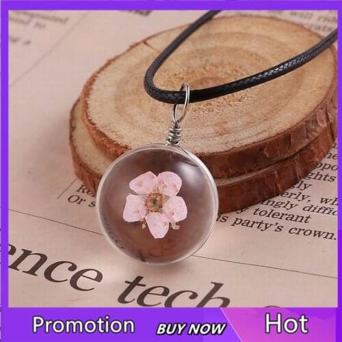 Handmade DIY Lucky Clover Women Gifts Glass Beads Ball Transparent Dried Flowers Glass Dangle Pendant Leather Necklace
