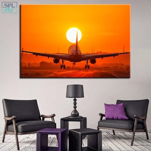 SPLSPL HD Prints Canvas Art Print Poster Painting Unframed 1 Piece Aircraft Sunset Passenger Plane Home Decor Wall Art Picture