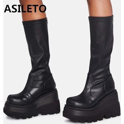 ASILETO Mid Calf Women Boots Fashion Platform Thick Bottom Chunky Heel Wedges Lace-Up Big Size 35-43 Casual Party Winter S2105