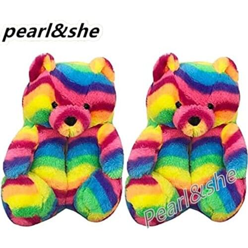 Women Plush Bear Slippers Home Indoor Soft Anti-Slip Faux Fur Cute Slippers Winter Warm Shoes Cartoon Floor US 6-9