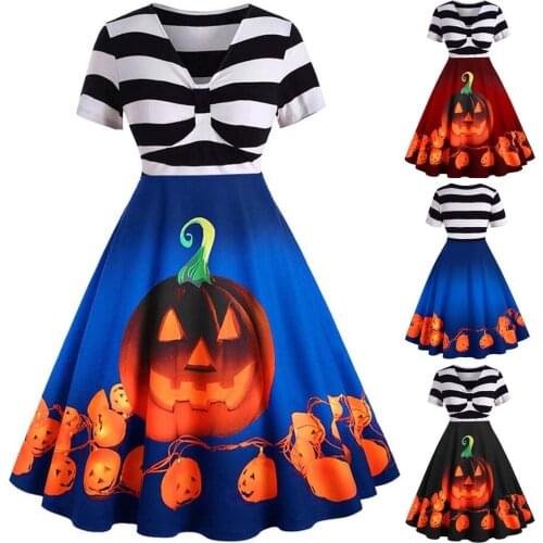Short Sleeve Halloween Dresses Womens Striped Patchwork Pumpkin Printed Cocktail Swing Princess Dress Cosplay Party Costum Gown