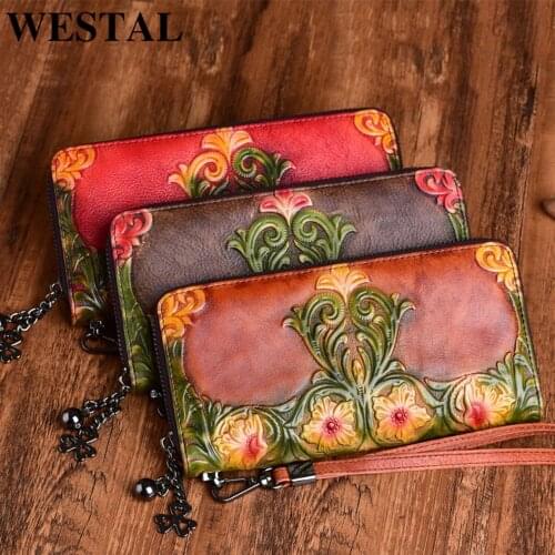 WESTAL Womens Leather Wallet Floral Design Clutch Bag with Strap Womens Purse Leather Coin/Card Wallets for Women Phone Bag
