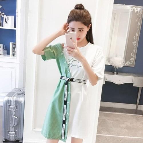 2021 Summer Women Dress Ruffles Cold Shoulder Letter Print Irregular Dress Streetwear Casual Striped Patchwork Mid Shirt Dress
