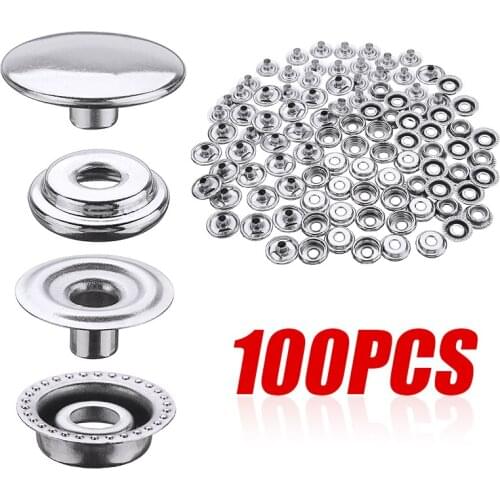 100Pcs Stainless Steel Snap Fastener Press Stud Button Kit Sewing Leather Craft Push Silver Snap Buttons For Marine Boat Canvas
