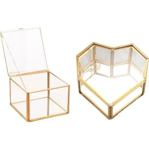 2 Pcs Geometric Glass Jewelry Box Glass Ring Box Exquisite Unique Wedding Jewelry Box, Square & Flip Love Heart Shaped