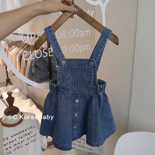 2021 Korean childrens wear girls' cowboy bib skirt spring and summer new baby multi-buckle half-length umbrella skirt