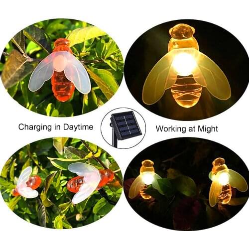 Behogar 21ft 30 LEDs Cute Solar Operated Bee Decorative String Lights for Home Garden Patio Lawn Decoration Warm White