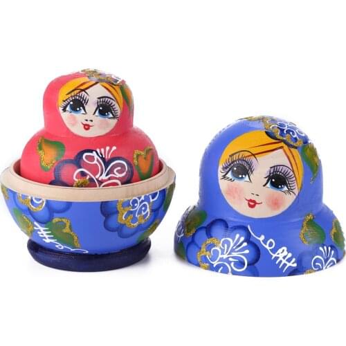 1 Set Handmade Hand-painted Arts Crafts 10pcs Wood Russian Nesting Doll Handmade Crafts Blue Girl Matryoshka Decor