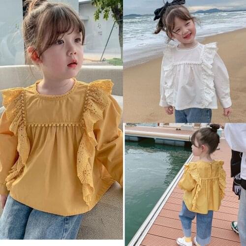 Childrens Long Sleeve Shirts Autumn New Baby Girl Sweet Ruffles Korean Blouse Kids Cotton Tops 3-8 Y Girls Spring Shirts Tops