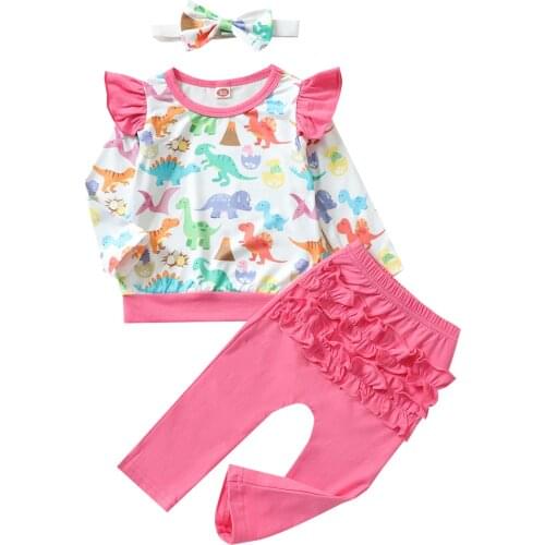 2Pcs Kids Autumn Tracksuit Cartoon Dinosaur Round-Neck Long Sleeves Blouse + Elastic Waist Ruffled Pants for Girls Pink