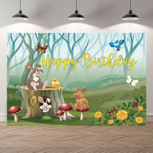 Seekpro Photography Background cartoon woods wild animals rabbit Happy birthday baby shower Backdrop Photo Background Photocall