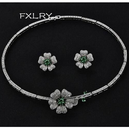FXLRY Elegant Micro Inlay AAA+ Cubic Zircon Clear Crystal Flowers Necklaces Earring For Wedding Bride Jewelry Sets Multicolor O