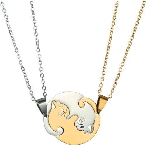 2Pcs Couple Necklace Set Best Friends Honey Lovers Cute Cat Pendant Charm Necklace Men Women Valentines Day Jewelry Gift