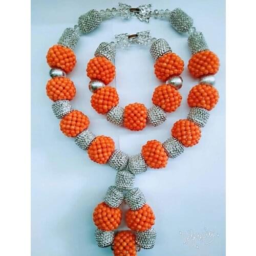 Elegant Women African Coral Beads Necklace Jewelry Set Coral Pendant Gold Beads Necklace Earrings Set Beads for Wedding BN298