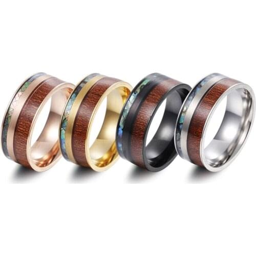 YWSHK 8MM Men Rings Abalone Shell Wood Inlay Stainless Steel Rings Men Women Wedding Ring Anniversary Jewelry Free Shipping
