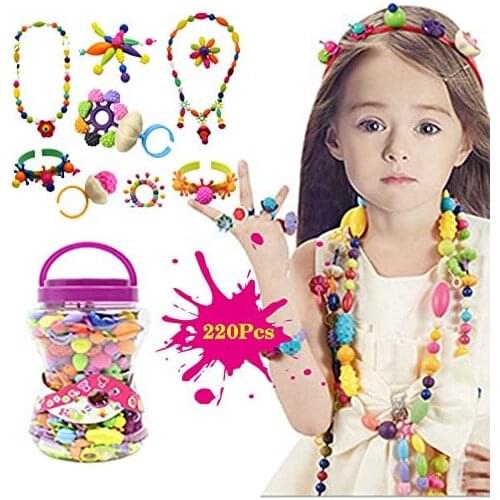 BigNoseDeer Kids Pop Snap Beads Set 220pcs Jewelry art Pop Beads DIY Kit Bracelet necklace ring Educational Toys(No hair hoop)