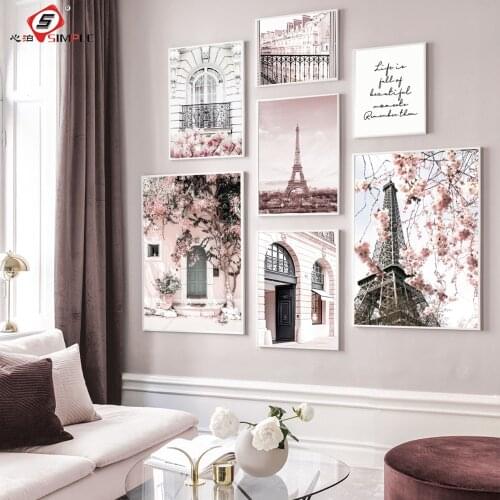 Nordic Pink Flower Posters And Prints Paris Tower Window Door Quote Wall Art Canvas Painting Pictures For Living Room Home Decor