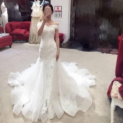 2020 Newest Elegant Mermaid Off The Shoulder Wedding Dress Beach Plus Size Designer Lace Appliques Bridal Gowns Custom Made