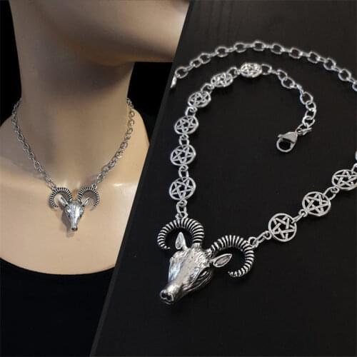 Goat Head Choker Necklace, Ram and Pentagram Chain Necklace, Baphomet Necklace,Gothic Wicca,Satanic Occult, Witchy Goat Necklace