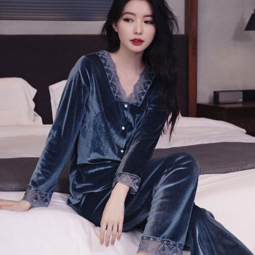 Fdfklak Soft Nightwear Women Pijimas Sexy Gold Velvet Warm Winter Deep V-neck Pajamas Sets Long-Sleeved Casual Lace Sleep