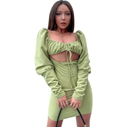 Casual Womens Dresses 2021 Hollow Out Square-Neck Tie Bustier Crop Top Night Dress Set Body Con Midi Casual Puff Sleeve Dress