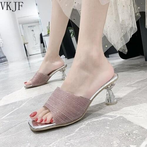 Women Sandals Summer Open Toed High Heels Transparent Heel Slippers Woman Party Shoes Discount Pumps Sequined Cloth Gladiator