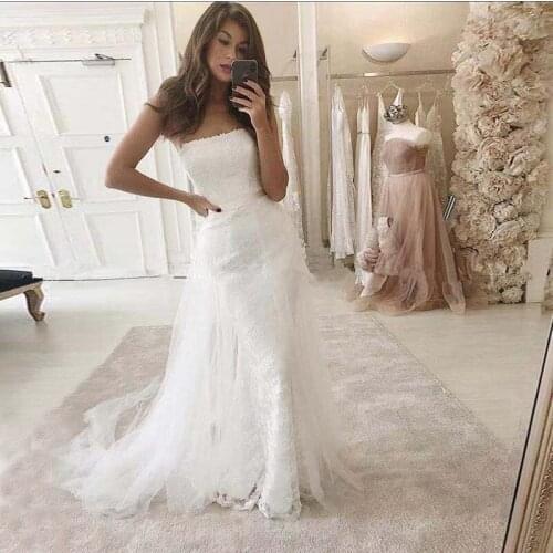 Detachable Train Mermaid Wedding Dress 2021 Luxury Strapless Lace Bride Gowns Robe De Mariage Custom Romantic Vestito Da Sposa