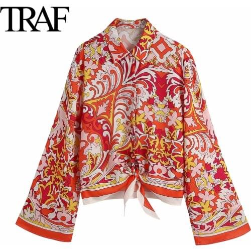 Traf Za Women Clothing 2021 Spring Autumn Long Sleeve Blouses Femme Loose Buttoned Shirts Chic Tops Gothic Printed Shirt