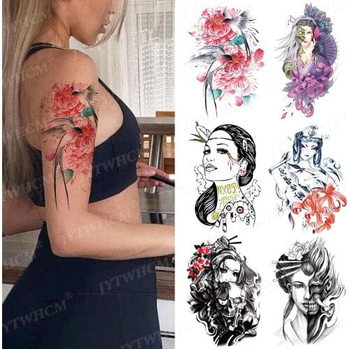 Tattoo Sticker Waterproof Animated Stickers Swallow Art Arm Sleeve Temporary Tattoo Japanese Body Pink Rose Design Fake Tattoos