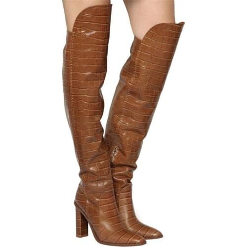 Female Fashion Alligator Leather Autumn Thigh Boots Women Over The Knee Boots Ladies Chunky High Heels Catwalk Long Boots