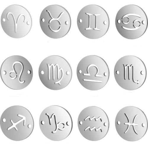 10pcs/lot Stainless Steel Zodiac 12 Constellation Charm Wholesale Polished High Quality Pendants Connectors for DIY Bracelets