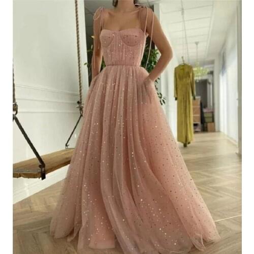 2021 Elegant Shiny Sweetheart Spaghetti Straps Sandy Pink Bead Sequin Pocket Tulle A-line Prom Dresses Formal Evening Dress