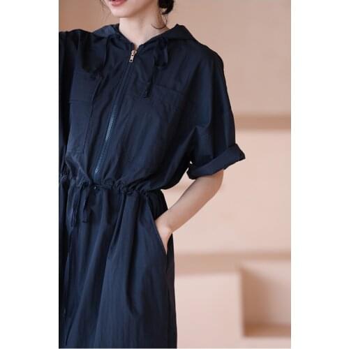 21 summer new tooling casual loose light solid color drawstring waist show thin Hooded Dress 0625