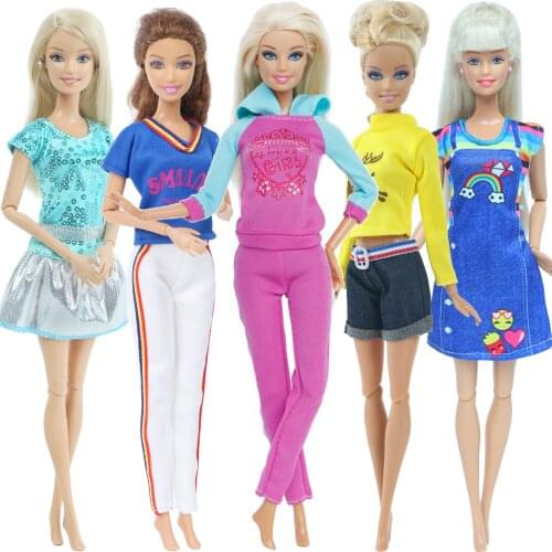 5 PCS/Set Doll Outfit Sport Casual Wear Blouse T-shirt Trousers Skirt Shiny Dress Clothes for Barbie Doll Accessories 12'' Toy