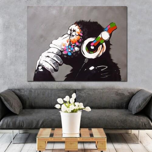 Abstract Monkey listening to music thinking Colorful Oil Painting on Canvas Poster and Print Wall Art Picture Home Decor Cuadros