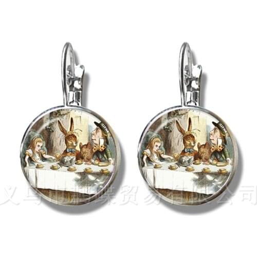 Alice in Wonderland Earrings Handmade 16mm Glass Cabochon Silver Plated Stud Earrings For Women Girls Wonderful Gift