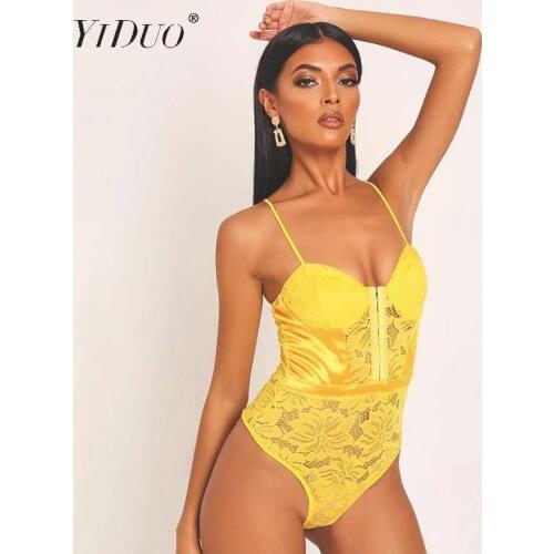 YiDuo Satin Spaghetti Strap Hooks Lace Bodysuit Sexy Skinny Solid Floral Crochet Hollow Out Body Female Club Party Bodysuits