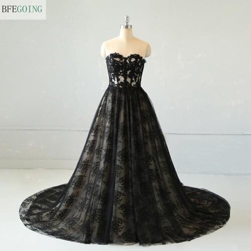 Black Lace Sweetheart Strapless Floor-Length A-line Wedding dress Chapel Train Bridal dress Custom made