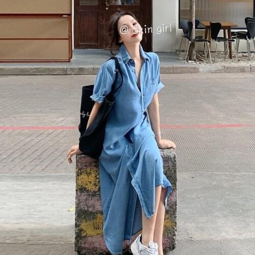 Denim Dresses Summer 2020 Casual Vintage Single Breasted Turn-Down Collar Loose Long Dress Robe En Jeans Femme Dresses AA5489