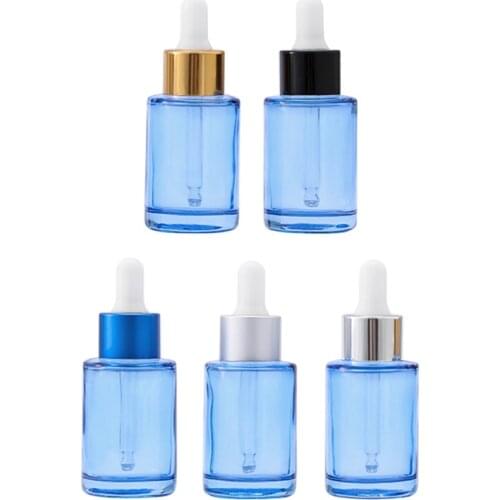 30ml Clear Blue Glass Dropper Vials Gold/Silve/Black Lid White Top Empty Essential Oil Bottle Cosmetic Packaging 20pcs/Lot